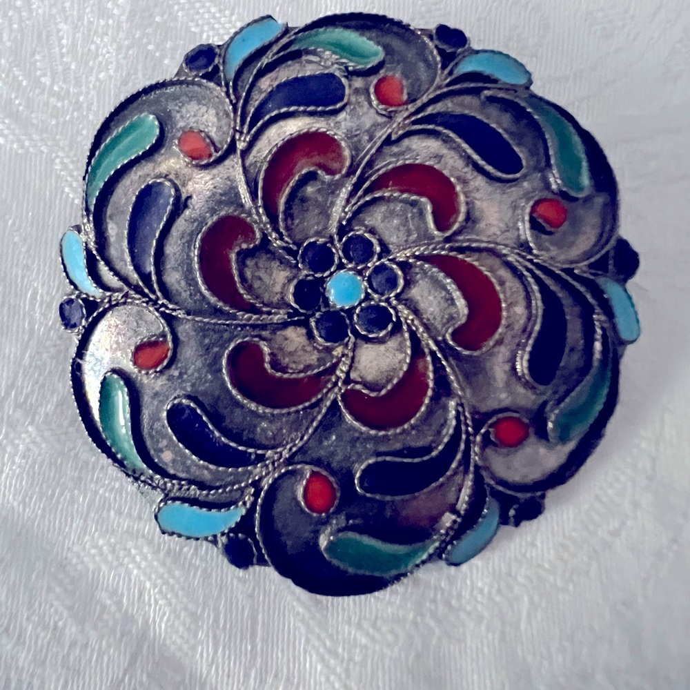 Mid-century silver with enamel floral brooch